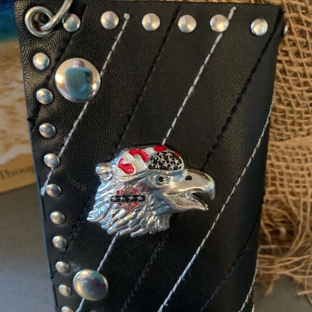Vintage, leather BIKER wallet, STUDDED, needs chain, EAGLE on front Snap close.